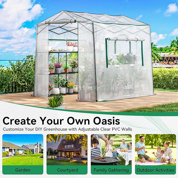 Joyside 8 x 6 FT Outdoor Pop up Greenhouse with Adjutable Reinforced Frame, Durable PE Cover and Mesh Windows, Portable Greenhouse for All Seasons, Easy Set Up (White, 8 x 6 FT)