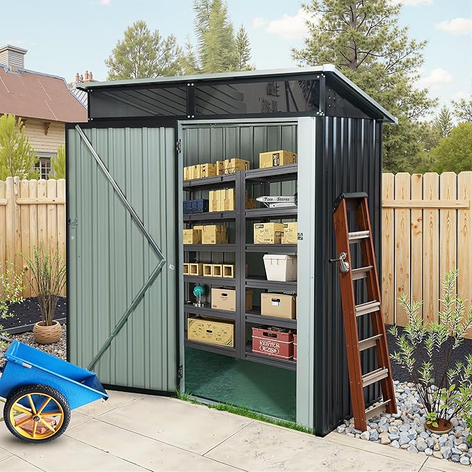 Sheds & Outdoor Storage 5ft x 3ft Metal Storage Shed with Transparent Plate, Hinged Door Design Small Garden Tool Storage Cabinet for Backyard, Patio, Poolside, Black