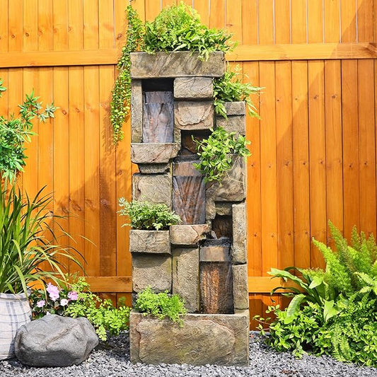 Garden Outdoor Water Fountain, 56.3" H 3-Tiered Imitation Rock Waterfall Fountain with LED Lights and Pumps for Garden, Patio, Backyard, Deck, Porch and Home Art Decor