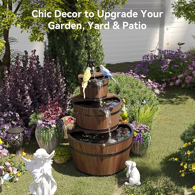 Aoxun 3-Tier Outdoor Water Fountain, Wood Barrel Cascading with Electric Decorative Hand Pump, Rustic Waterfall Fountain for Garden, Backyard, Patio, Porch, Yard