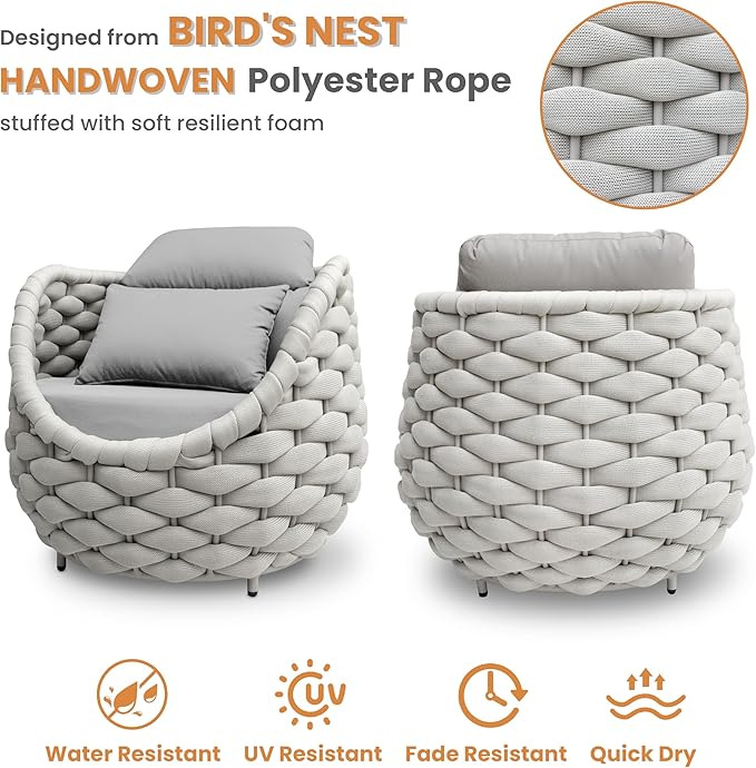 Patio Accent Chairs Set of 6: Aluminum Porch Lounge Chair with Arms - Woven Rope Cushioned Armchair - Modern One Seater Chair - Outdoor Deck Furniture for 400lbs Balcony Lanai Garden Hotel, Gray