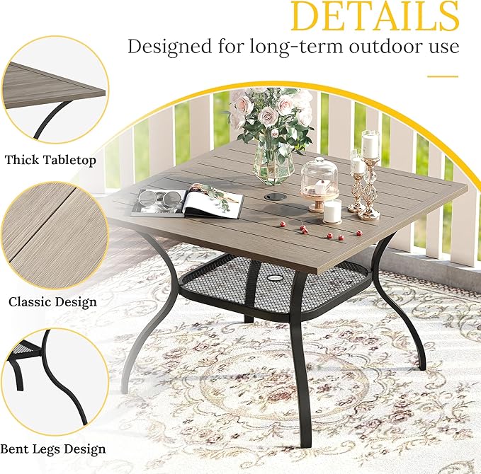 VICLLAX 5 Pieces Patio Dining Set, 4 Seats Outdoor Furniture Includes 37.8" Square Outdoor Table and 4 Swivel Patio Chairs, Grey Wood Grain Tabletop and Grey Fabric