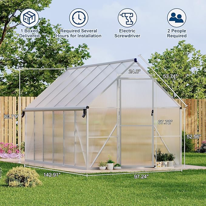 8X12 ft Polycarbonate Greenhouse with Aluminum Frame, Polycarbonate Greenhouse for Outdoors, Greenhouses with Ventilation and Rain Gutter, Aluminum Large Walk-in Greenhouses for Outside
