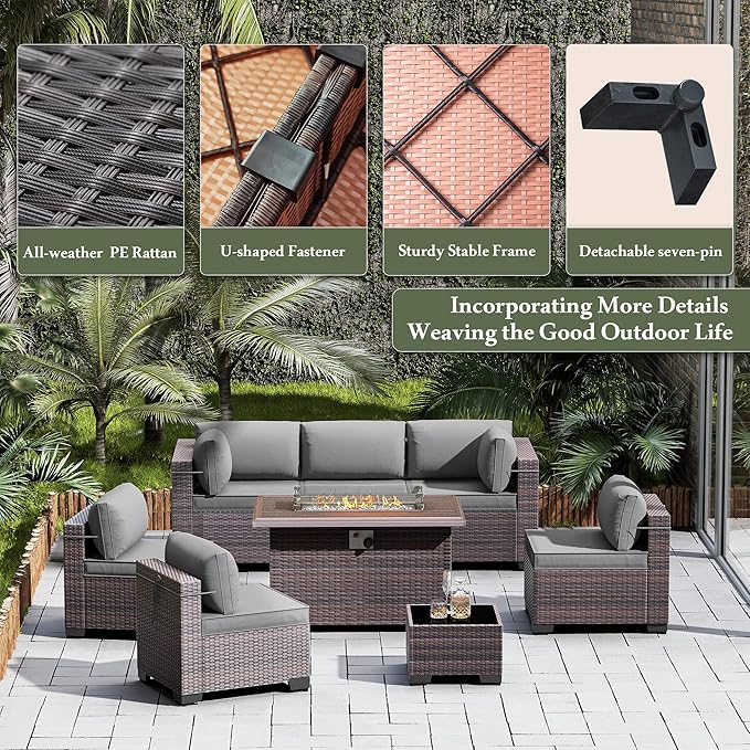 Outdoor Patio Furniture Set with Propane Fire Pit Table, 15 Pieces Furniture Patio Sectional Sofa Conversation Sets w/ETL Approved 43" Gas Outdoor Fire Table & Coffee Table(Grey)