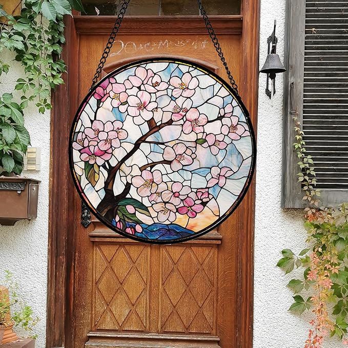 Stained Glass Window Hanging - Cherry Blossoms Suncatcher for Door Garden Home Decor Pink Flowers Sun Catcher Christmas Birthday for Friend Lovers Women Mom Nana 7.8 in