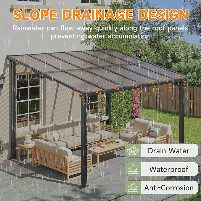 10x12FT Lean to Gazebo, Hardtop Metal Pergola with Polycarbonate Roof, Large Wall Mounted Heavy Duty Awnings, Patio Canopy for Backyard, Deck, Porch