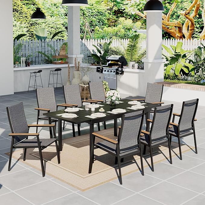 Sophia & William Patio Dining Set 9 Pieces, 8 Aluminium Patio Dining Chairs with 1 Extendable Dining Table for 6-8 Person, Patio Table and Chairs for Outdoor Lawn (Grey)