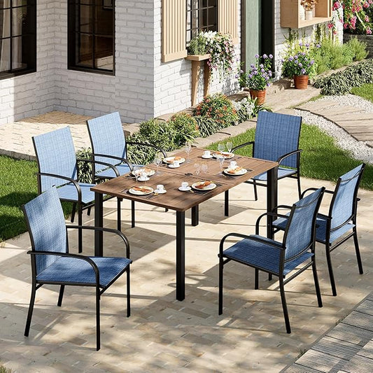 Patio Table and Chairs Set, Outdoor Dining Set for 6 with Blue Chairs and Teak Color Tabletop Outdoor Dining Table, 7-Piece Patio Furniture Set for Deck Backyard Lawn
