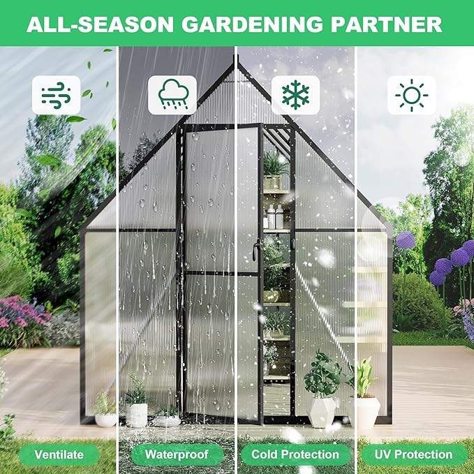 6X4 ft Polycarbonate Greenhouse with Aluminum Frame, Polycarbonate Greenhouse for Outdoors, Greenhouses with Ventilation and Rain Gutter, Aluminum Large Walk-in Greenhouses for Outside