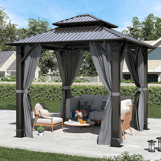 8.5' x 8.5' Hardtop Gazebo, Galvanized Steel Double Roof Gazebo with Nettings and Curtain Outdoor Aluminum Frame Vertical Stripes Roof Gazebos for Patio, Backyard, Lawn