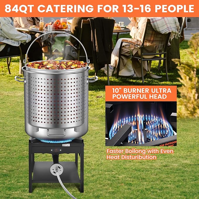 ARC 84QT Stainless Steel Seafood Boil Pot with 200,000BTU Propane Fryer, Non-Assembly Large Crawfish Boiler, Shrimp Boil Pot, Outdoors Cooking and Steaming