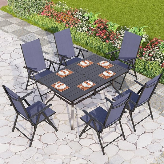 PHI VILLA 7 Piece Patio Dining Set with Patio Table and Chairs, Outdoor Dining Set for 6 with Adjustable Folding Patio Chairs & Metal Steel Table for Garden, Blue