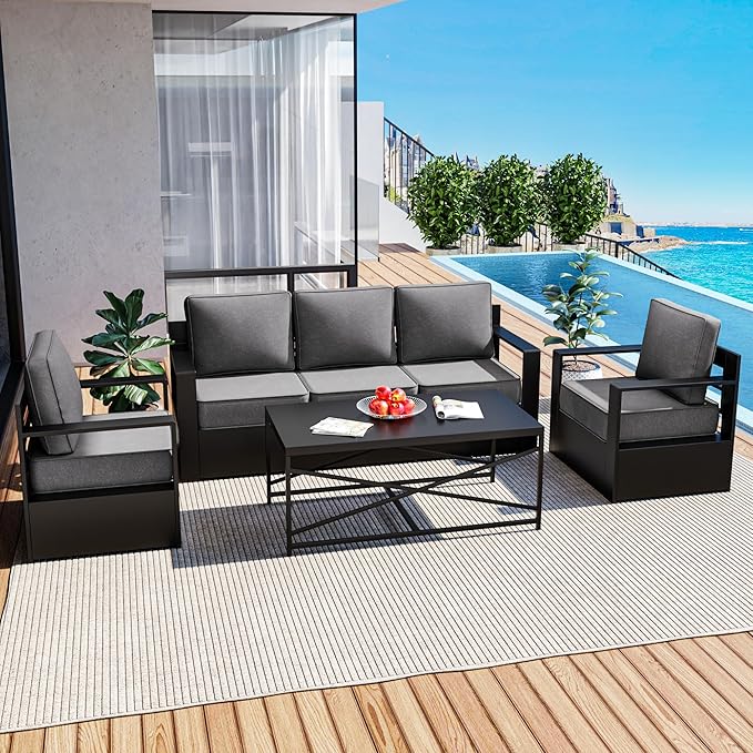 Outdoor Patio Furniture Set, 4-Piece Aluminum Patio Conversation Set All-Weather Metal Outdoor Sectional with 6 Inch Thick Cushions, Deep Setting for Garden, Outside and Porch