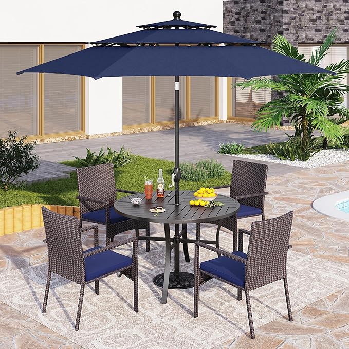 PHI VILLA 5 Pieces Outdoor Dining Set with Umbrella for 4, Round Metal Iron Dining Table & Wicker Chairs with Cushions & Large Blue Umbrella, Morden Dining Furniture for Patio, Deck, Yard, Porch