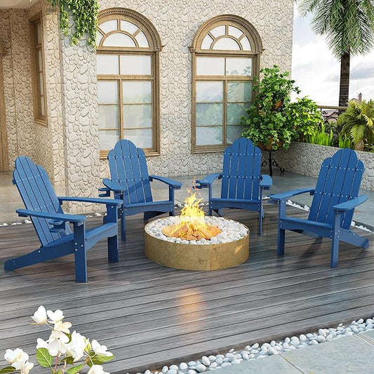 LUE BONA HDPS Adirondack Chairs Set of 2, Fire Pit Outdoor Chair Weather Resistant with Cup Holder, Modern Plastic Chair Plastic for Patio, Deck, Proch, 350LBS, Navy Blue