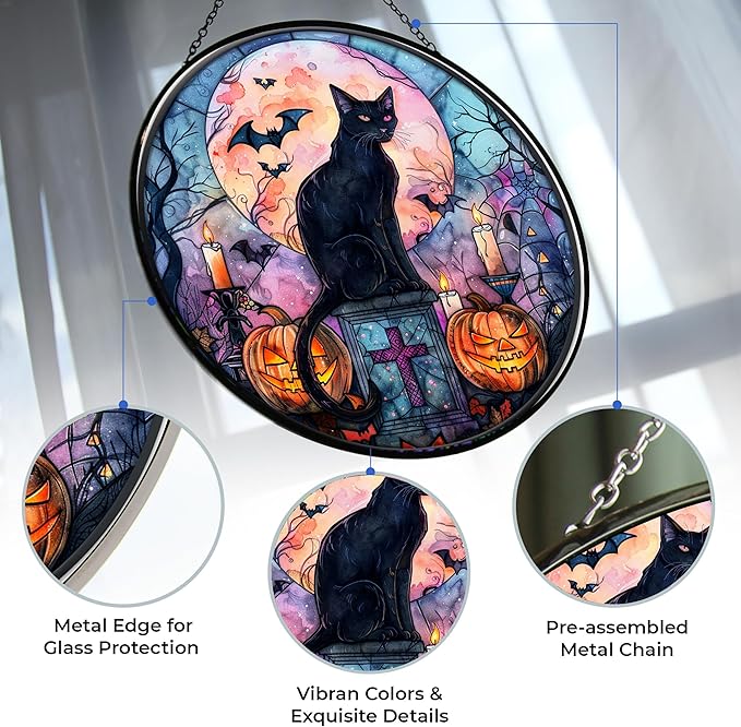 Bat Black Cat Suncatcher Indoor/Outdoor Stained Glass Window Hanging Handmade Stained Glass Suncatchers Decoration for Home Garden Christmas Party Wedding Housewarming Gifts