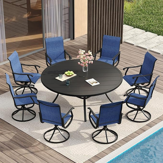 VICLLAX Patio Dining Set for 8, 9 Pieces Outdoor Furniture Includes 60" Round Patio Table with Umbrella Hole and 8 Outdoor Swivel Chairs for Lawn Garden, Black Tabletop and Blue Fabric