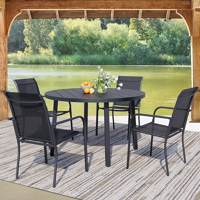 5 Pieces Round Dining Table Set for 4, Patio Dining Set Includes 4 Black Stackable Patio Chairs and 1 Black Round Table, Patio Furniture Sets with Sling Support for Outside, Garden
