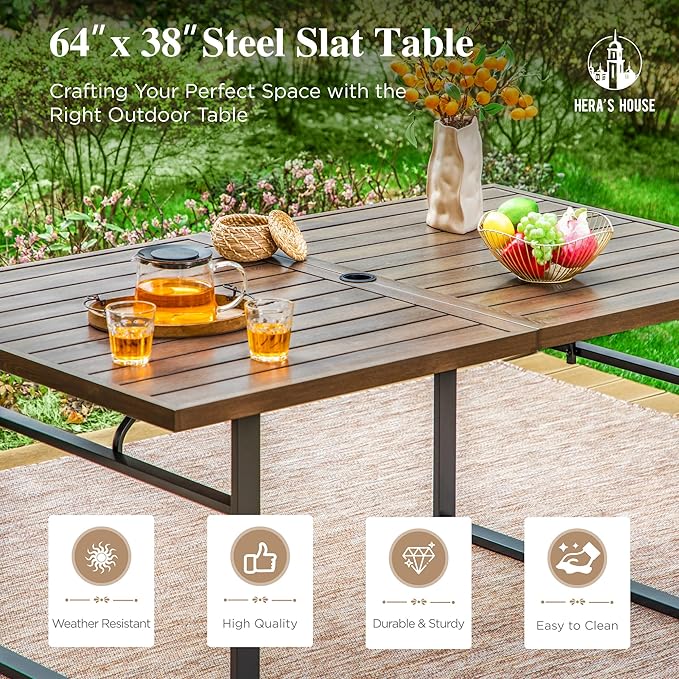HERA'S HOUSE 7-Piece Outdoor Dining Set for 6, 64" Weather-Resistant Metal Patio Table with 6 Foldable Grey Chairs, Perfect for Garden, Backyard, Porch & Lawn (Space-Saving Design)