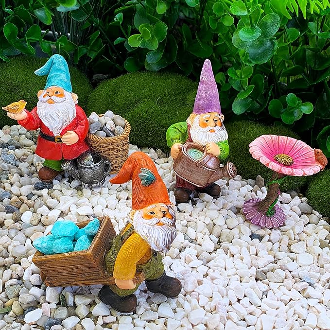 Mood Lab Miniature Gardening Gnomes Set of 4 pcs - 3,5" H Garden Gnome Figurines & Accessories Kit - Outdoor or House Decor