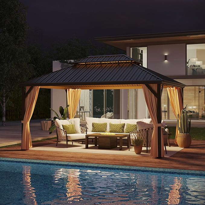12x16 ft Hardtop Gazebo Outdoor Aluminum Patio Gazebo Double Roof Galvanized Steel Canopy with Netting and Curtains for Garden, Backyard, Deck and Lawns.
