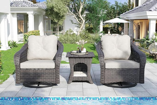 Wicker Swivel Rocking Chairs Set 2 with Storage Side Table - Outdoor Brown Wicker Swivel Glider Chair Outdoor Rocking Chair with Water-Resistant Cushions, Beige