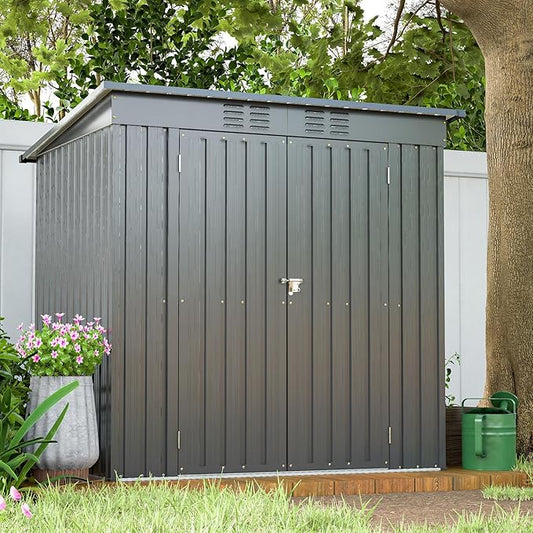 6x4 FT Outdoor Metal Storage Shed with Frame Floor & Sloping Roof, Lockable Double Door, Weatherproof Steel Garden Shed for Tools, Lawn Equipment & Patio Supplies
