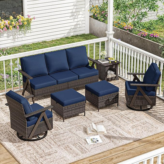 6 Piece Patio Furniture Set, Wicker Patio Conversation Set with Swivel Glider Chair and Outdoor 3-Seater Sofa and 2 Ottomans and Side Table for Deck Yard and Poolside