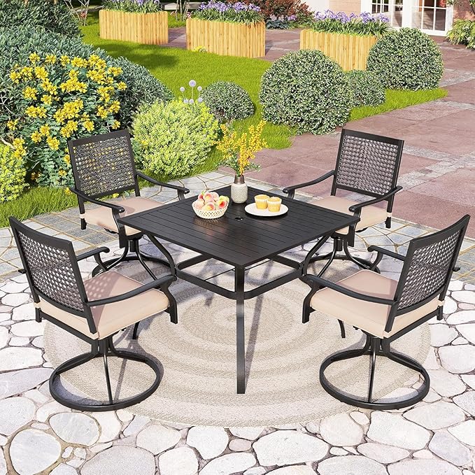 PHI VILLA 5 Pieces Outdoor Dining Set for 4, 37" Square Metal Wrought Iron Table with Umbrella Hole & Swivel Steel Chairs with Cushions, Modern Furniture Set for Patio, Deck, Porch, Yard