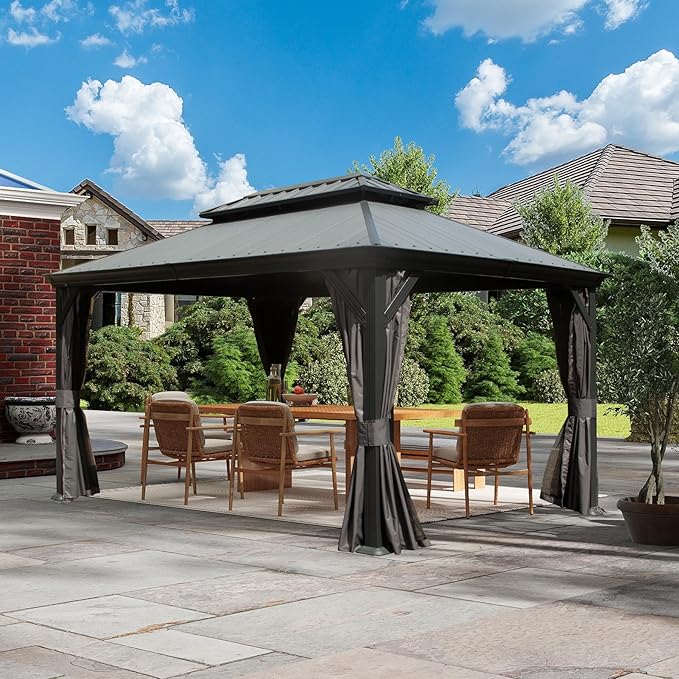Outdoor Hardtop Gazebo for Patio 12x14FT with Resin-Galvanized Steel Roof, Metal Hard Top Gazebo with Gutters, Heavy Duty Gazebos All Season with Curtains & Netting, for Deck, Backyard, Hot Tub