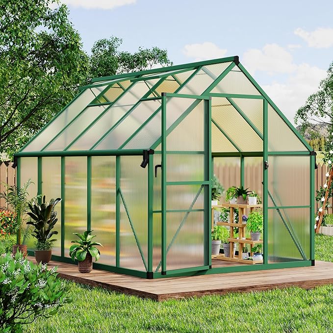 8x10 FT Outdoor Greenhouse, Polycarbonate Greenhouse with Roof Vent and Ground Nails, Aluminum Large Walk-in Green House w/Lockable Push Door for Outside Garden Backyard (Green, 8x10 FT)