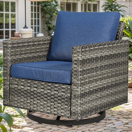 Outdoor Patio Swivel Rocker Chairs - Single Wicker Patio Swivel Rocking Chair with Waterproof Wicker,Comfortable Cushions and Sturdy Metal Frame for Outside Porch Deck Backyard(Mixed Grey/Blue/1PC)