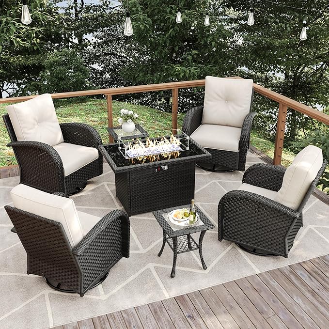 7 Pieces Patio Furniture Sets with Fire Pit Table, Wicker Rattan High Back Outdoor Swivel Rocking Chairs Set with Side Table
