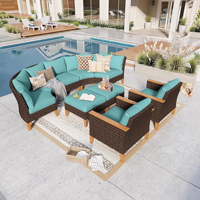 GREEN PARTY 9 Pieces Wicker Patio Furniture Set, All-Weather Outdoor Rattan Half-Moon Curved Patio Sectional Sofa Conversation Set 9 Seats with 4" Thick Cushions for Backyard, 2 x Ottomans (Blue)