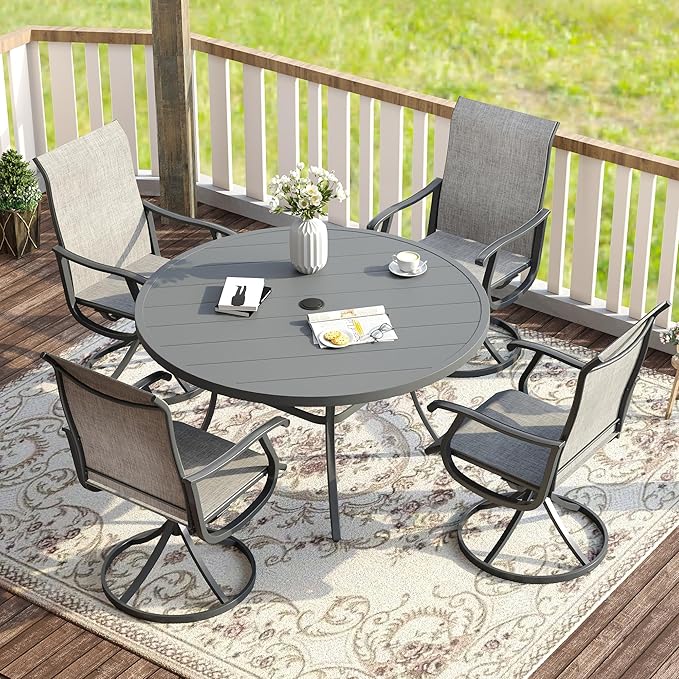 VICLLAX Patio Dining Set for 4, 5 Pieces Outdoor Furniture Includes 40.6" Round Patio Table with Umbrella Hole and 4 Outdoor Swivel Chairs for Lawn Garden, Grey Tabletop and Grey Fabric
