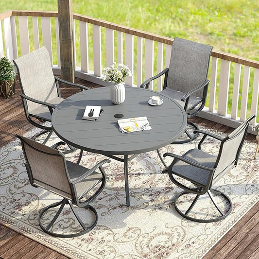 VICLLAX Patio Dining Set for 4, 5 Pieces Outdoor Furniture Includes 40.6" Round Patio Table with Umbrella Hole and 4 Outdoor Swivel Chairs for Lawn Garden, Grey Tabletop and Grey Fabric