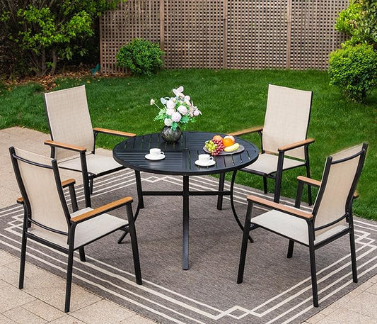 Sophia & William Patio Sets 5 Pieces, Lightweight Aluminum Dining Chairs with 42" Round Metal Dining Table, Stackable and Easy to Move for Lawn Garden Yard Porch (Beige)