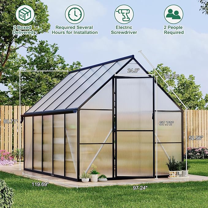 8 ft x10 ft Aluminum-Framed Polycarbonate Greenhouse, Heavy Duty Polycarbonate Greenhouse with Quick Setup Structure and Roof Vent, Large Enhanced Aluminum Green House Kit for Outdoors