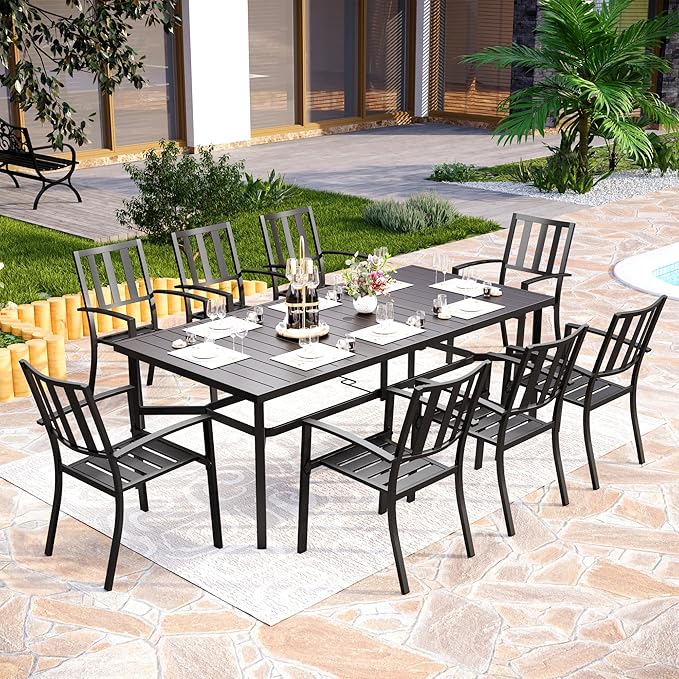 PHI VILLA 9 Pieces Outdoor Dining Set for 8, Large Rectangular Metal Table with Umbrella Hole & Stackable Wrought Iron Chairs, Dining Furniture for Patio, Deck, Yard, Porch