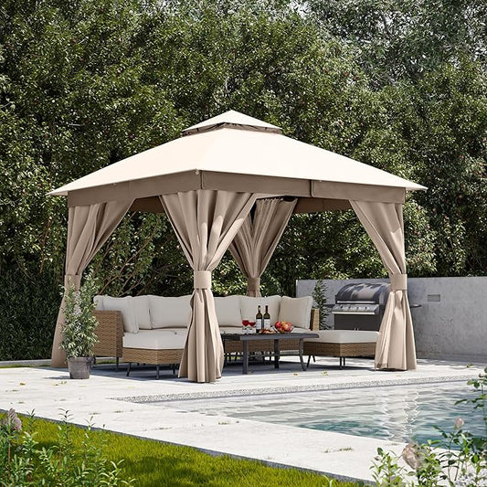 Outdoor Patio Gazebo 10FT, Heavy Duty Party Tent & Shelter with 2-Tier Roof and Expansion Bolts, Mosquito Nettings and Privacy Screens for Backyard, Garden, Poolside, Khaki