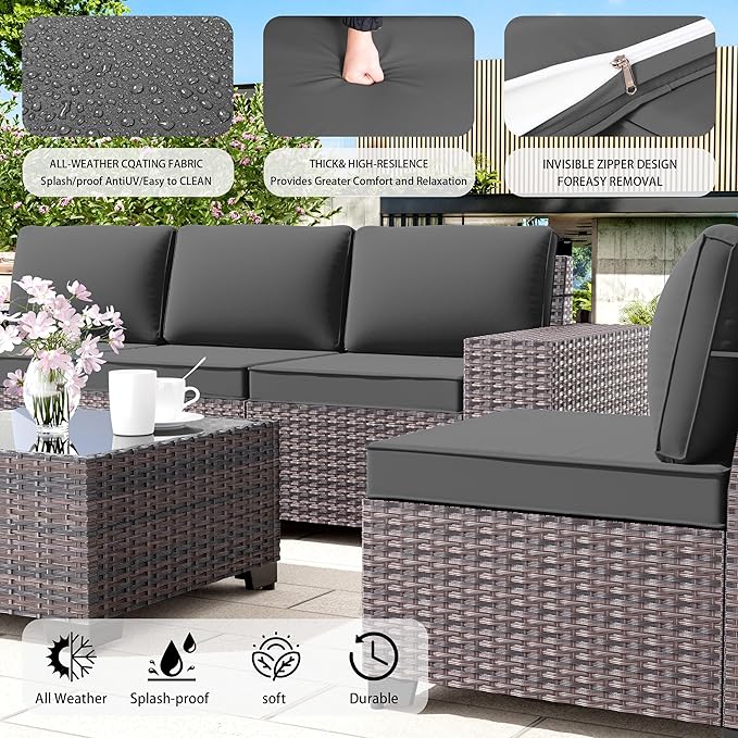 Outdoor Patio Furniture Set, 12 Pieces Outdoor Furniture All Weather Patio Sectional Sofa PE Wicker Modular Conversation Sets with Coffee Table,10 Chairs and Seat Clips Grey