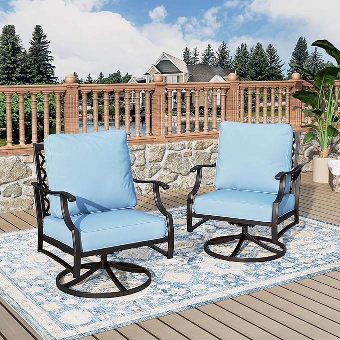 Swivel Patio Chairs Set of 2, High Back Outdoor Swivel Patio Metal Chairs with 5.75" Thick Cushions for Bistro Balcony Porch Deck and Yard, Blue