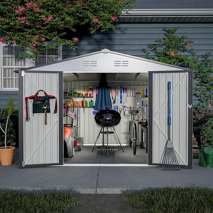 10X8 FT Outdoor Storage Shed W/Lockable Hinge Doors,Metal Shed W/Sloped Roof & 4 Air Vents,All Weather Garden Tool House for Backyard Patio Lawn,White