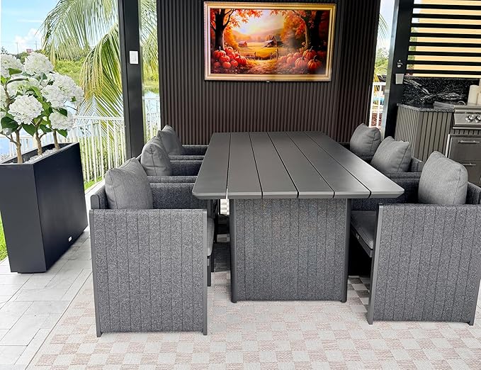 PURPLE LEAF 7 Pieces Patio Dining Set All-Weather Modern Outdoor Furniture Set Aluminum Dining Table and Chairs with Olefin Cushions Pillows for Garden Backyard Kitchen Grey