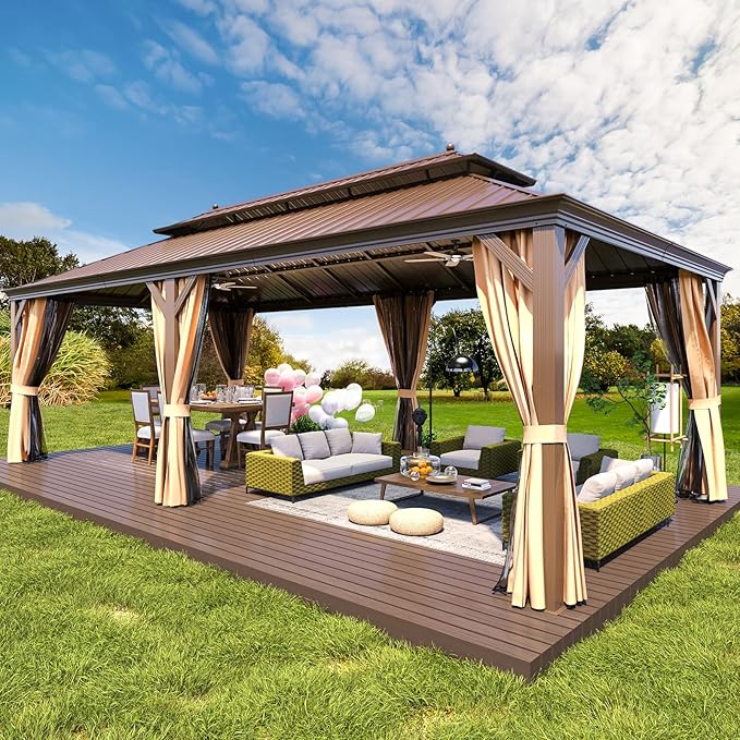 MELLCOM 12' x 24' Hardtop Gazebo,Galvanized Steel Metal Double Roof Aluminum Frame with Curtain and Netting,Brown Permanent Pavilion Gazebo with Aluminum Frame for Patios,Gardens,Lawns