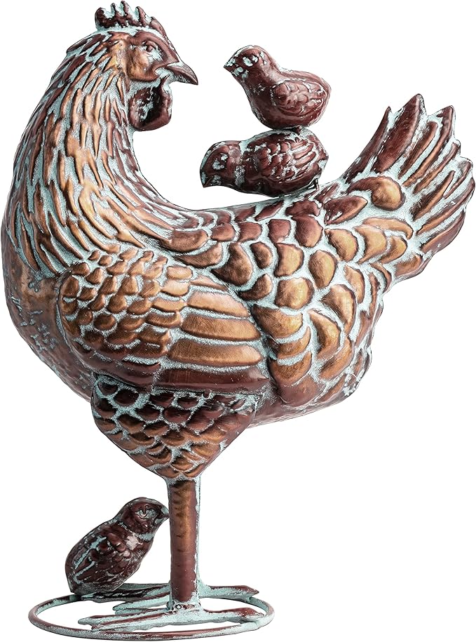 Metal Hen with Chicks Statues Yard Art, 13.5"x18" Metal Hen Chicken Figurine Decor, Vintage Outdoor Garden Statue Sculpture, Lifelike Garden Mother Hen & Baby Chick Sculptures for Chicken Lovers
