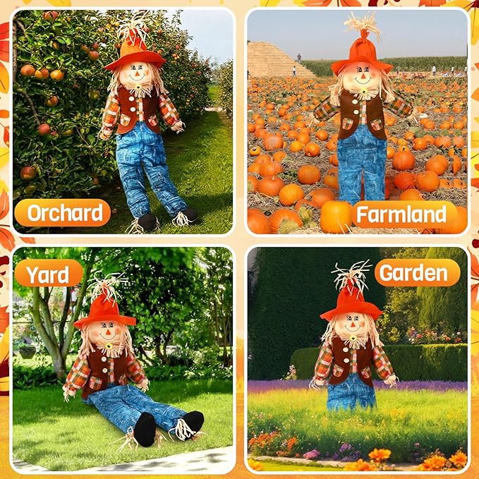 Marsui 1 Pcs 59" Large Outdoor Scarecrow Fall Harvest Thanksgiving Halloween Decoration, Life Size Standing or Sitting Scarecrow Outside Decor for Autumn Garden Yard Porch (Boy)