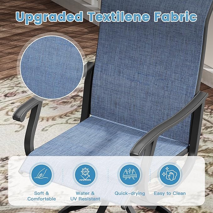 DIFY 7 Pieces Outdoor Patio Dining Set, 6 Blue Textilene Swivel Dining Chairs and 53" Black Round Metal Dining Table, Outdoor Table and Chairs