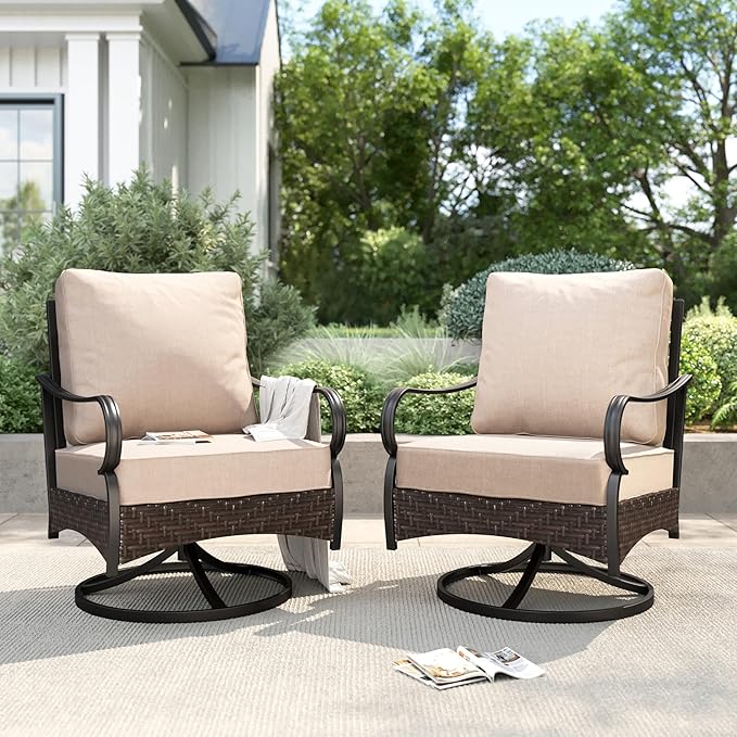 PHI VILLA Patio Swivel Chairs Set of 2, Outdoor Wicker Chairs with Thick Cushion, All Weather High Back Outdoor Furniture for Balcony Porch and Yard