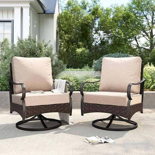 PHI VILLA Patio Swivel Chairs Set of 2, Outdoor Wicker Chairs with Thick Cushion, All Weather High Back Outdoor Furniture for Balcony Porch and Yard